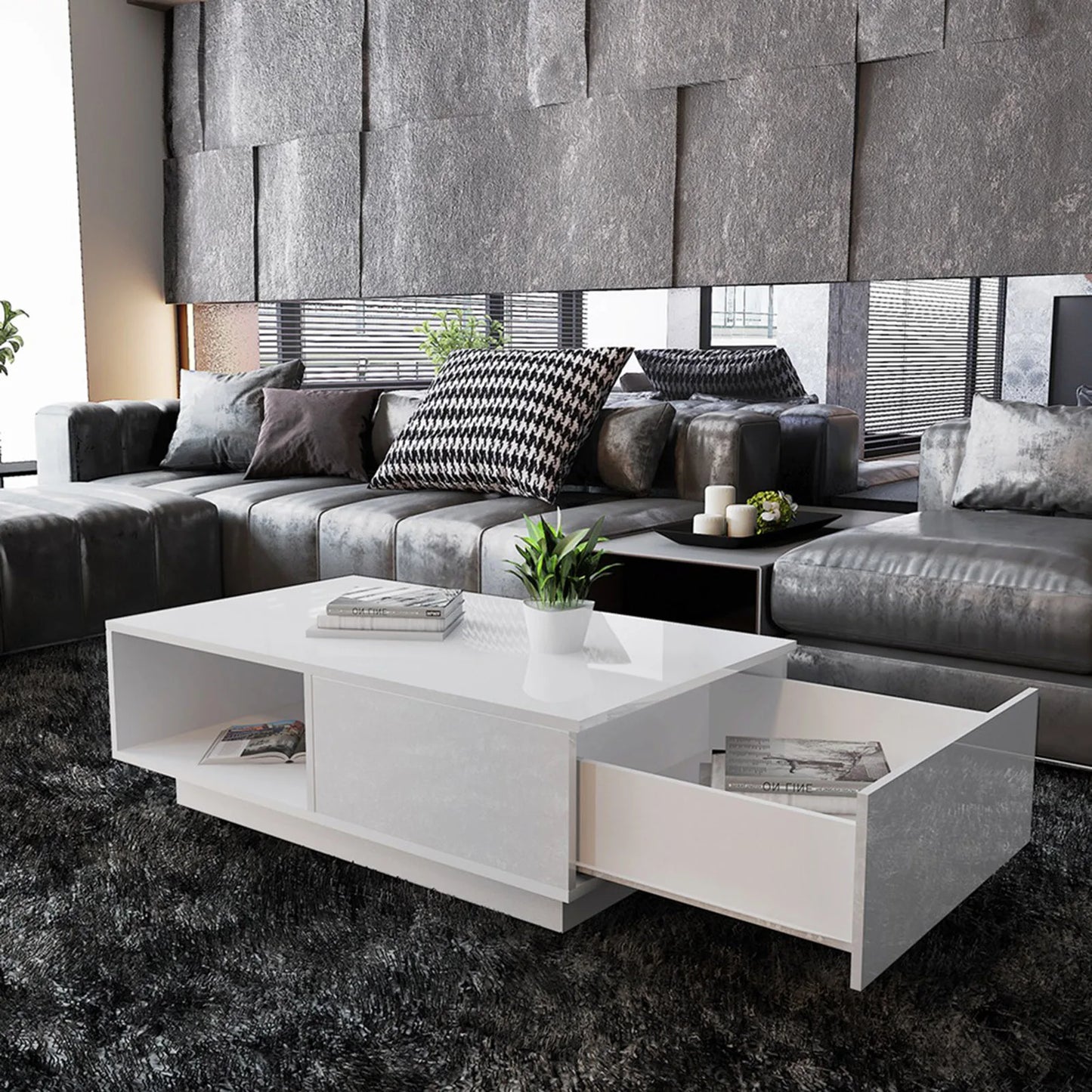 Table basse rectangulaire moderne avec éclairage LED